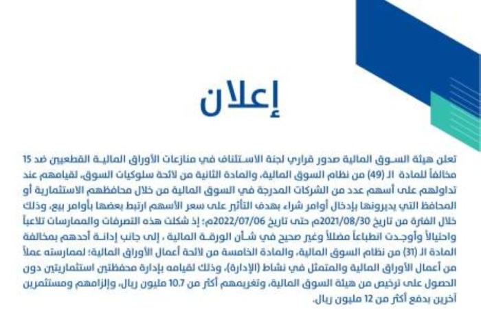إدانة 15 مخالفًا لنظام السوق المالية ولوائحه التنفيذية وتغريمهم أكثر من 10.7 ملايين ريال وإلزامهم ومستثمرين آخرين بدفع أكثر من 12 مليون ريال