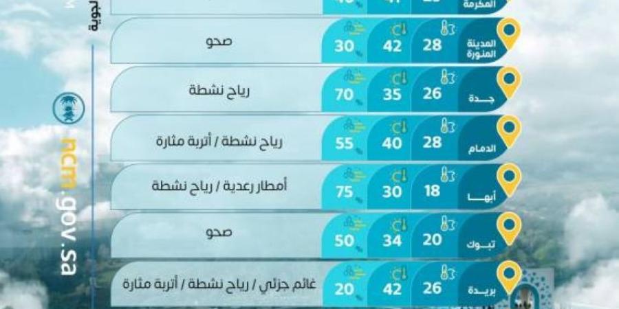 حالة الطقس.. رياح مثيرة للأتربة على عدة مناطق وأمطار رعدية على المرتفعات