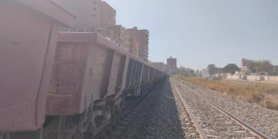 خروج عربة قطار بضائع عن القضبان فى سوهاج وتوقف حركة السكة الحديد.. صور